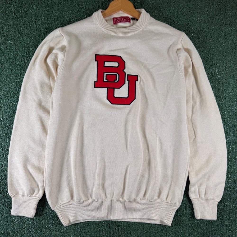 Boston University Sweater Women Size L Cream 100% Cotton BU Logo Knit Varsity